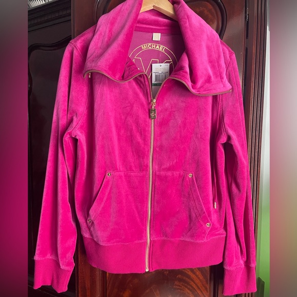 Michael Michael Kors Deep Fuchsia Plush Velour MK Logo Tracksuit Size L NWT - Picture 2 of 11